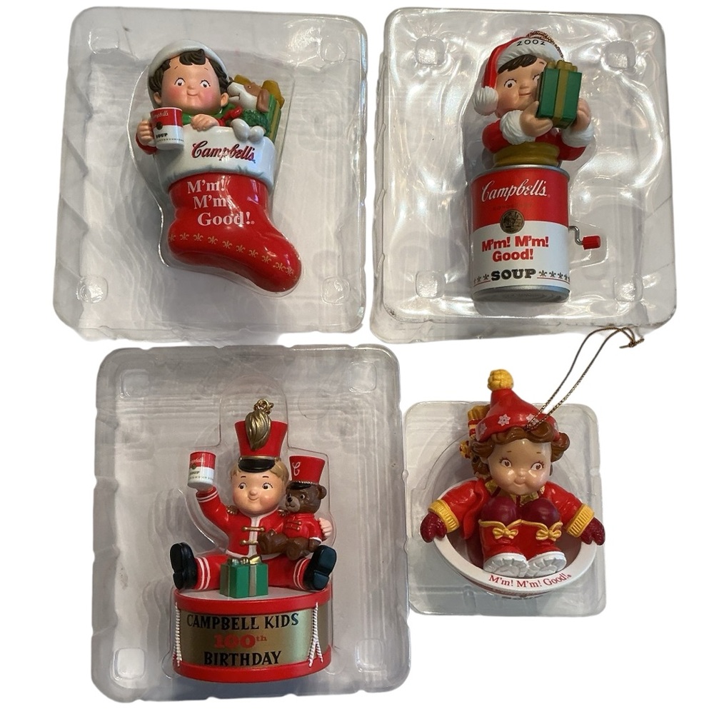 Vintage Campbell Soup Kids Christmas Ornaments Lot of 4